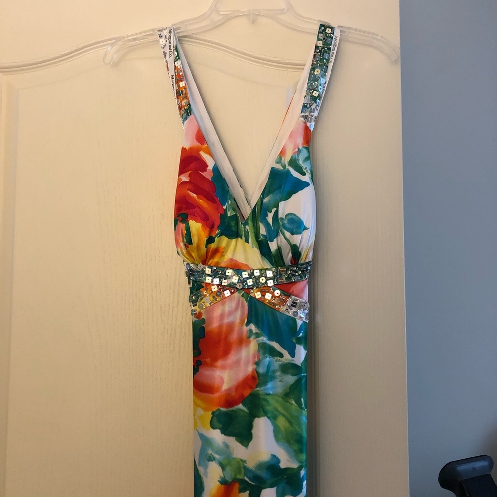 Beaded multi color dress with bra cups.
